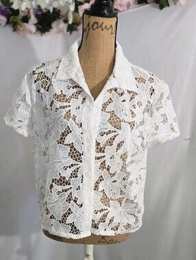 Shade & Shore White Lace Button-Down Top